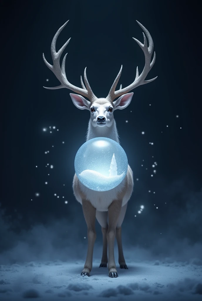  SCENE 1 :  Introduction - The Deer Appears in the Center

Visual description :  The deer appears in the center of the screen ,  in a dignified and upright posture .  Its front legs are extended forward ,  delicately holding a snow sphere .
action:  The de...