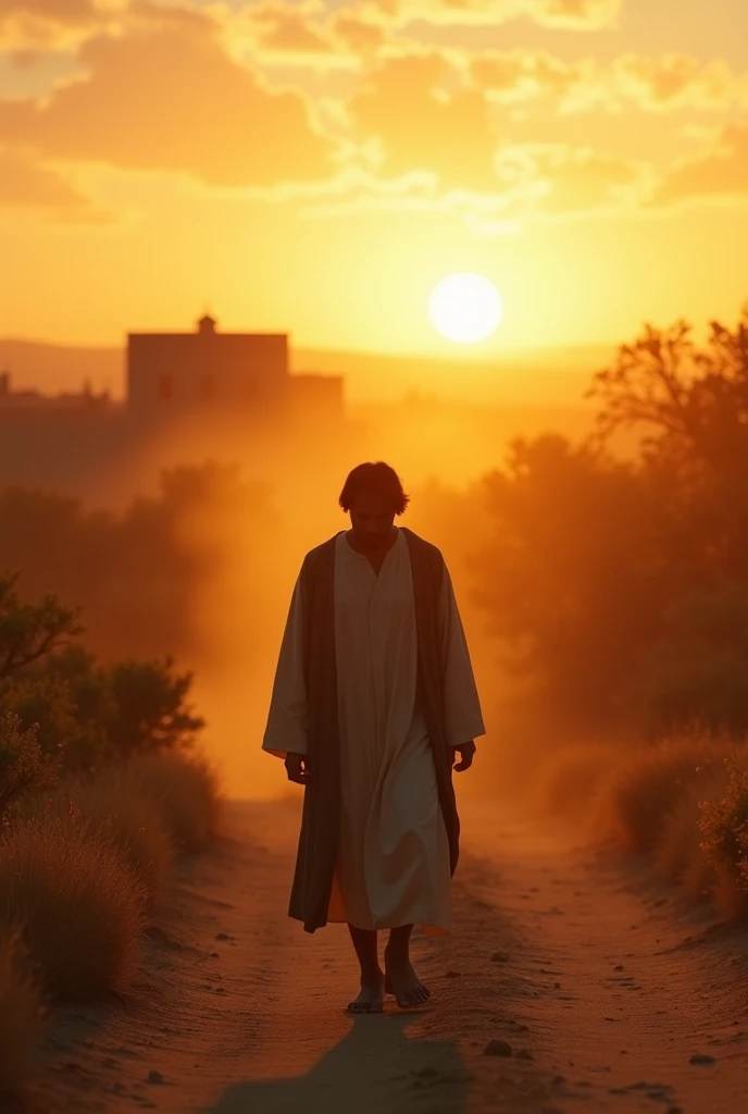 The young man walking along a dusty road at sunrise, his head bowed in humility. In the distance, a small farmhouse is barely visible. época de jesus, Medium wide shot. Hyper-realistic, photo realism, cinematography --ar 9:16