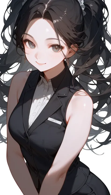 Score_9,Score_8_up,Score_7_up, perfect face, score_6_up, score_5_up, score_4_up, beautiful face, woman, (((anime))), source_anime, 30 years old, black sleeveless shirt, business pants, top quality eyes, detailed texture, white background, big tits, plump, ...