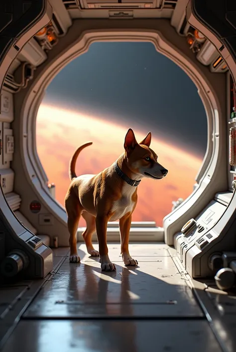 I want you to raise a dog in a spaceship going to Mars. Realistic and sharp images.