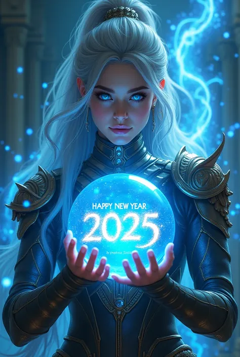  A beautiful armed warrior with a penetrating blue gaze with filaments of blue magic flying around, holds in her hand a crystal sphere in front of her face , with the word Happy New Year 2025 written in fire inside. Epic fantasy style .