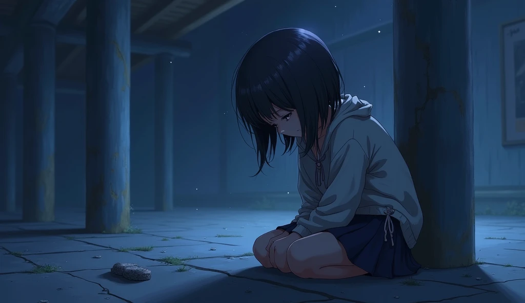  anime girl sitting on the floor with her head down,  The anime girl is crouching , artwork in the style of guweiz, guweiz, ( ( Makoto Shinkai ) ), aesthetic anime, anime aesthetic,  anime wallpaper ,  Torn clothes,  with a sad expression, anime visual of ...