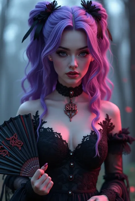 Valor Violet and purple hair beautiful slavic happy gothic Woman with sign "SIN" on her neck with the pink ribbons in her hair whitch wearing weavery black wicked laced gown holding ornamental Laced hand fan with sign "SIN" on it apperance in the shining T...