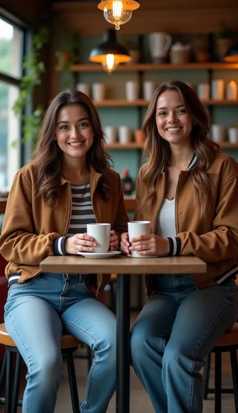 Dua orang cowok dan wanita keran dengan senyuman sinis mengenakan jaket bomber kasual celana jeans duduk di kafe sambil ngopi  background kafe dan minuman Professional living  , 4k, HD, UHD, 8K,  High detail ,      ultra definition 