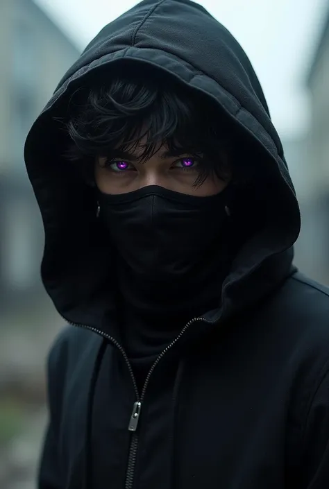 
 A mysterious character 。 The character has dark, messy hair ，Eyes are eye-catching purple ， adds a cold vibe 。 He wears a black hooded jacket ， wearing a black mask ， The overall image looks low-key and dangerous 。 The background appears to be a blurry u...