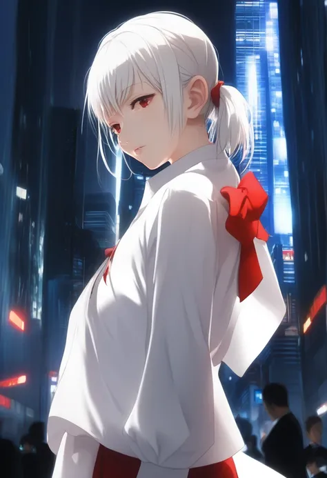 masterpiece, best quality, very aesthetic, 1girl, solo, tohno akiha, tsukihime, white hairband, white shirt, red bow, lips, pout, blush, hand on own hip, looking away, upper body, indoors, backlighting, night, (dark), city