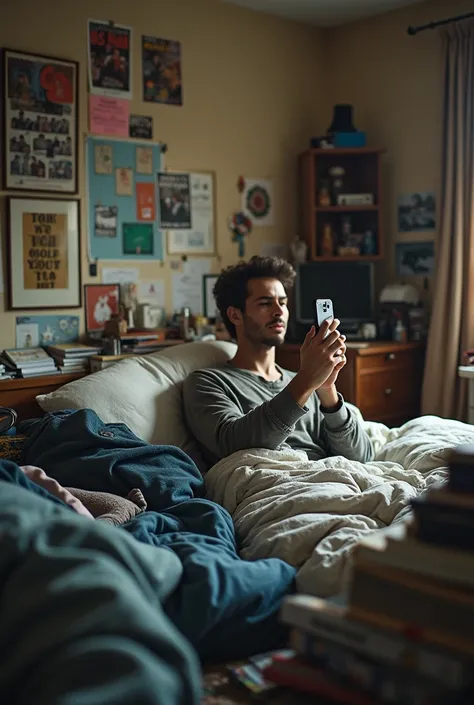 Create a messy bedroom setting and a man lying down taking the photo