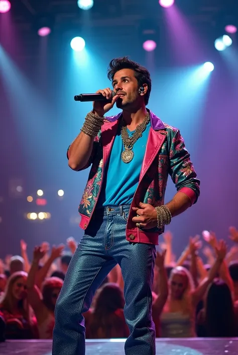 pop-star guy singing with a mic stand and mic, with full band, wearing a retro bright designed light blue colour tee shirt not tugged in, with colourful jacket and sequin pants, wearing a lot of accessories on neck and hands, on a stage in front of a huge ...