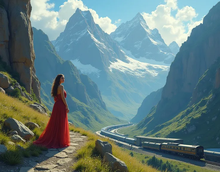 painting of a woman with a train on a mountain side, beautiful digital artwork, a beautiful artwork illustration, stunning digital illustration, cyril rolando and m.w kaluta, cyril rolando and m. w kaluta, inspired by Cyril Rolando, 4k highly detailed digi...