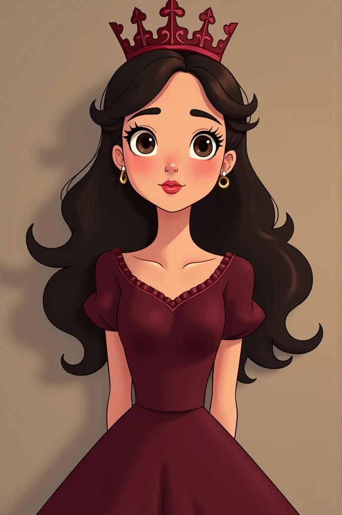  A girl with dark brown hair,  that can be seen from the waist up ,  dressed in a red dress of 15s color vinotinto, with a vinotinto crown .  animation 