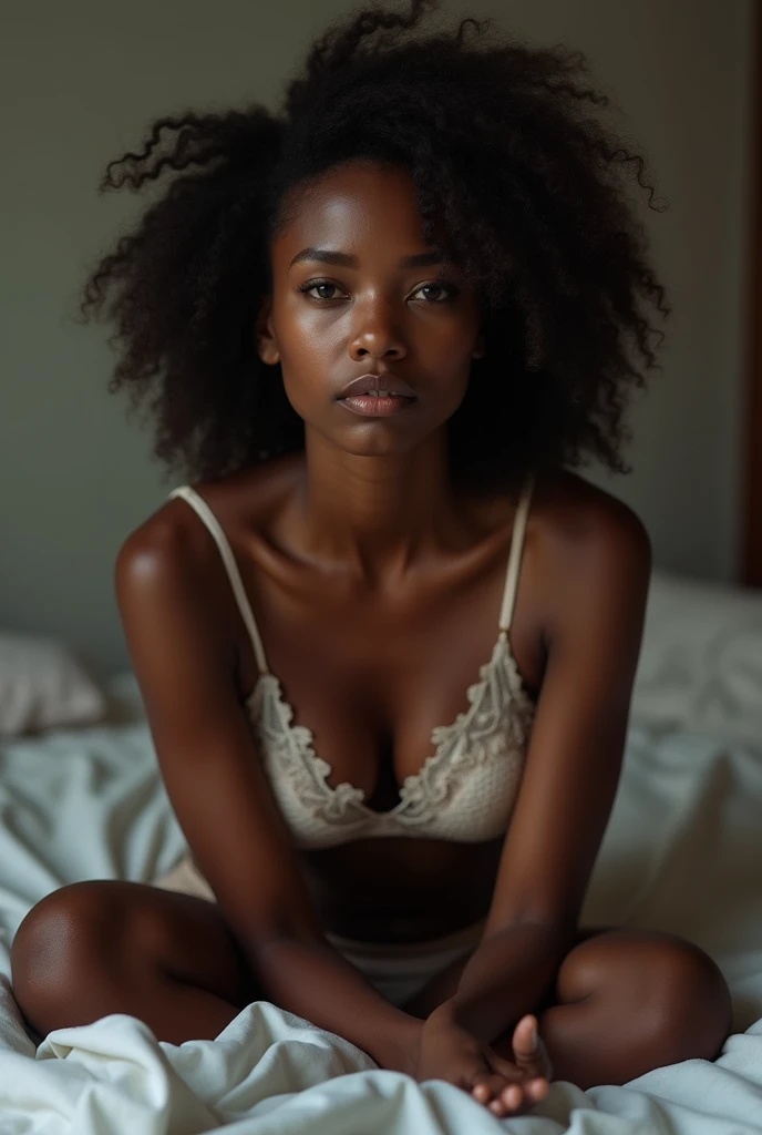 Beautiful African lady wearing only bra sitted on the bed crying