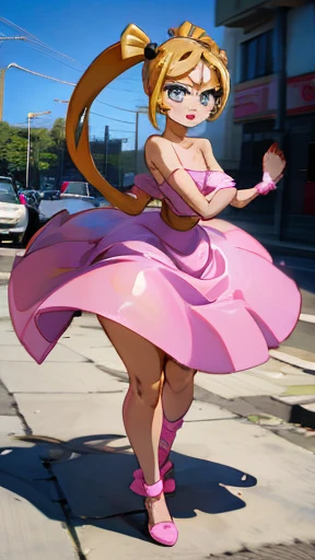 Teenage Helga Pataki from nickelodeon, yellow big pigtails, one single thick eyebrow, blue eyes, big ass, [Wide hips: 1.9] , full pink dress, alone, in the streets, small breasts, walking naked