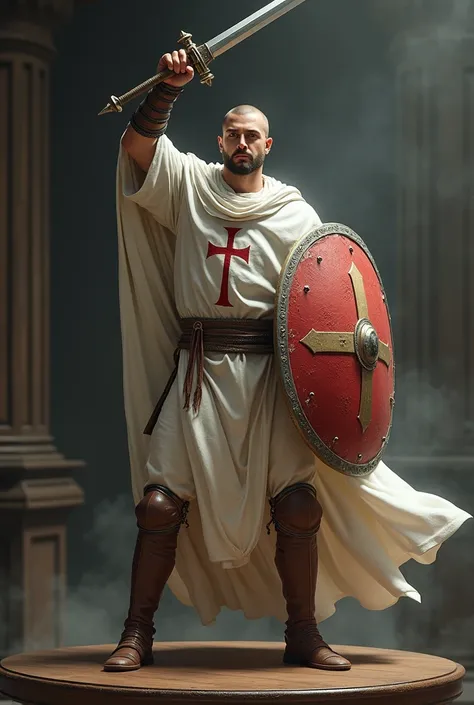 Slim young man without a beard,high, by the coffee, Male disguised as a Teutonic warrior white robe with the Teutonic cross,  poses of victory sword in hand  , Stopping an arrow that went to him with his shield