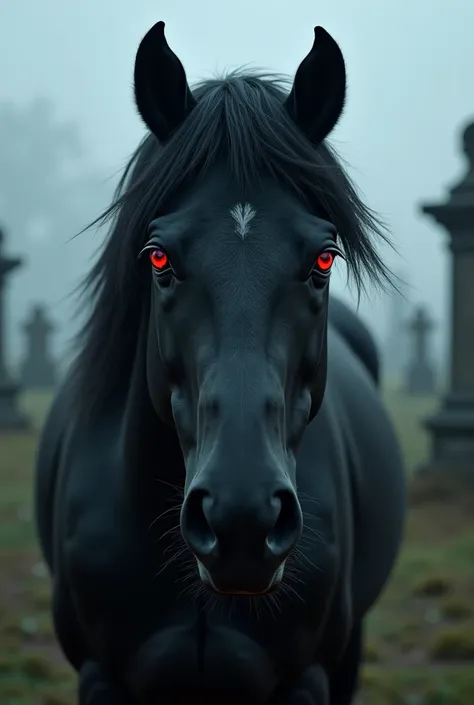 Close-up of the spectral black horses face, its fiery red eyes glaring into the camera. The horses mane flows unnaturally, as if moved by an otherworldly wind. The background fades into an old graveyard with crooked tombstones, and a faint fog covers the s...