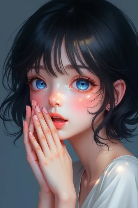 * girl looking sideways white skin and short black hair. red cheeks ,  crystal blue eyes shining from lights , pupils dilating ,  hands covering her mouth *