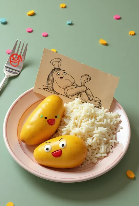 Lunch plate consisting of some potatoes in cartoon , a piece of real rice and a drawing of a leg leg on a piece of paper