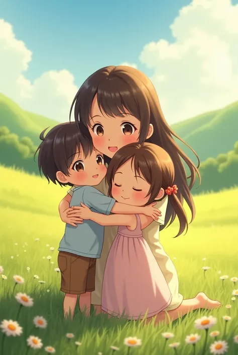 mother hugs she’s two s boy and girl in filed, anime as model