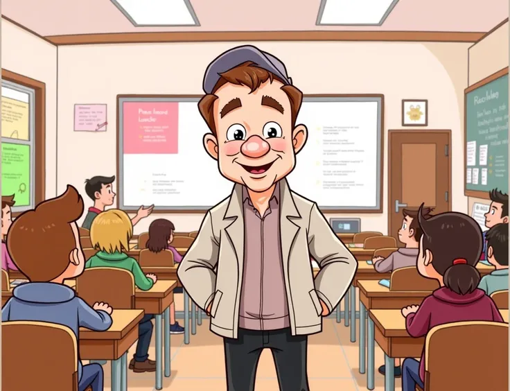 "A cartoon classroom. Professor Pablo (a 60-year-old adult with light skin, brown hair with signs of baldness on top, light gray jacket and black pants, with a cap)

