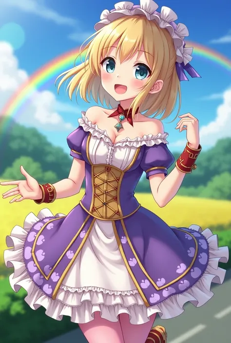  Japanese Beautiful Girls,  straight hair、 short bob、 Blonde、 choker ,  boots,  masterpiece,  Princess Lolita Fashion、Dozens of panniers 、 Fluffy Idol Skirt , Purple White and Gold Dress 、 charming thighs , chest, F Cup,  Max Image,  off shoulder ,  Bracel...