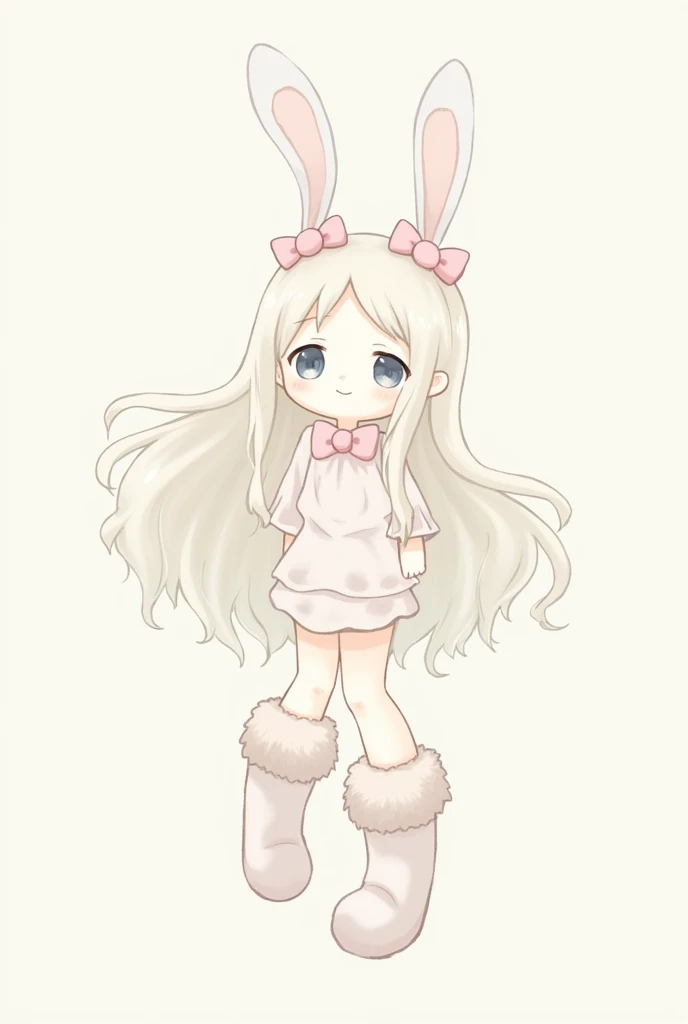 Create a white-skinned, long-haired, white character with bunny ears and pink head bows with a short white skirt and white shirt and fur boots with a fluffy face