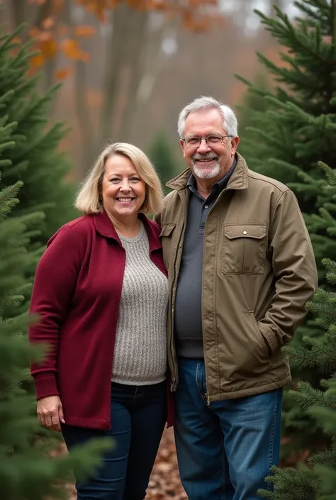 fat woman in her 40s or 50s with a blonde bob family photo in the trees christmas fat chunky with husband married