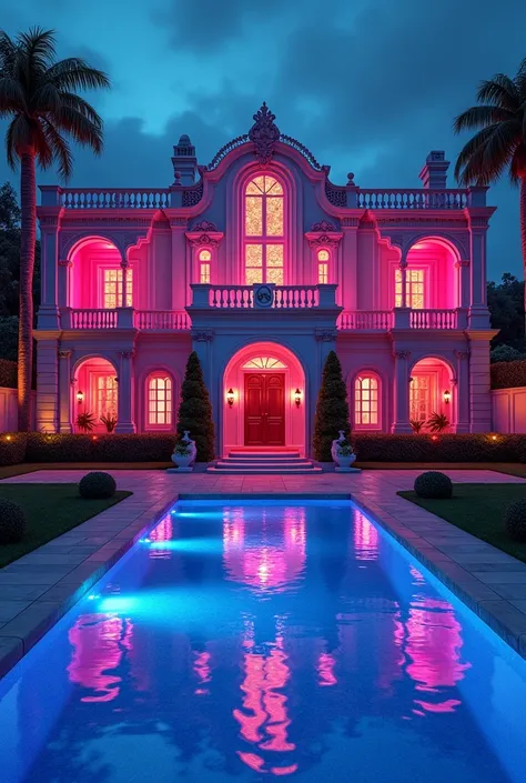 A huge extravagant rappers mansion lit with neon lights and a pool held on sprawling estate grounds, nightmare, dream-like, highest definition, highest details, highest quality 