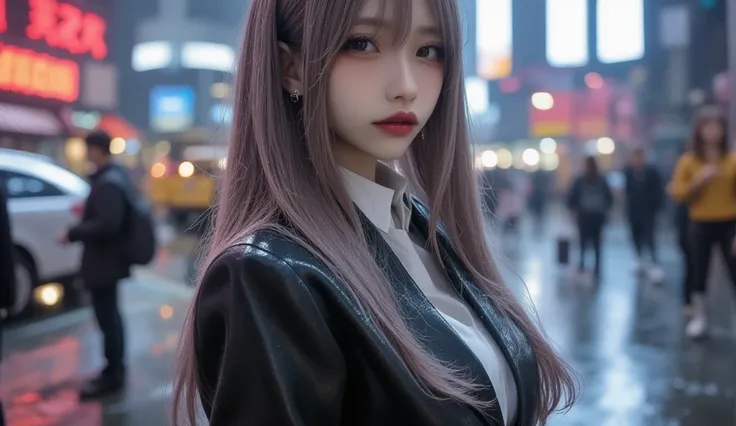 (masterpiece,  best image quality , 8k),  real photo ,Idol,adult,  perfection of fashion,  Korean Makeup, Lip Tint, full body, frontal, faint smile,Outdoor, out of focus background,female,Standing alone on the street feeling sad in the rain, wearing a neat...