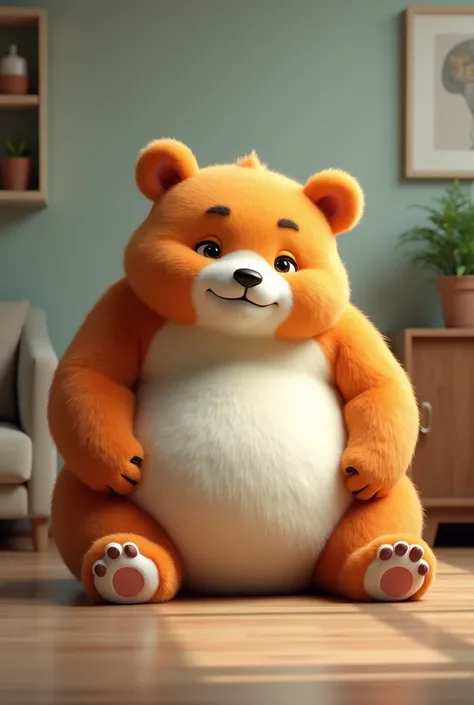 Fantastic creature , a fairly large orange and white bear,  that is chubby and sitting on the floor, but realistic