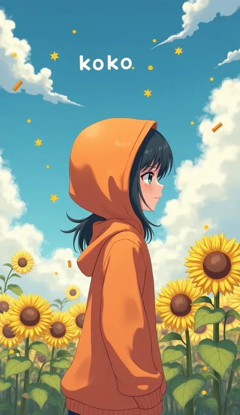  wears a hoodie with “koko” written on it 、Put on earphones 、Wearing an orange hoodie、 facing the side。 has a mysterious and healing atmosphere 、 with “KOKO” written in the sky 。 notes dance through the sky 、 overall fun 、 cute girl facing the side 。」
	2.	...