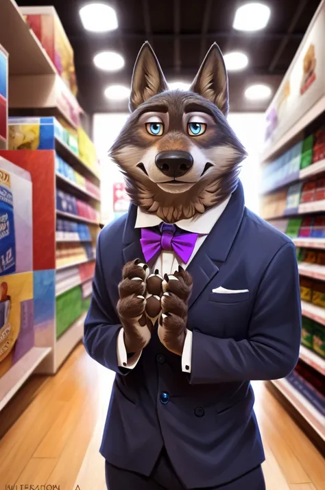 , Larry, (zootopia), wolf, gray fur, (brown body:1.3),  beautiful blue eyes , zootopia, Dressed,blazer, pink shirt,trousers,black tie , sobachiy,wolf, detailed fur, male, second, paw pads, finger claws, wears a bow tie , games,At the viewer&#39;s, 5 finger...