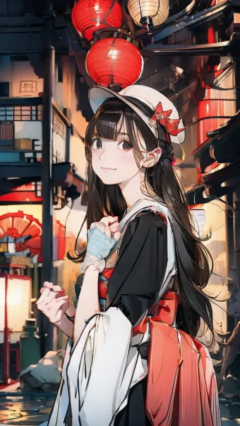 「 with a Taisho era cityscape in the background 、 beautiful girl with a retro and romantic vibe 。 hairstyle with long black hair tied up gracefully 、 classical Japanese-Western style dress with a white lace collar 、 softly colored floral pattern 、 beautifu...