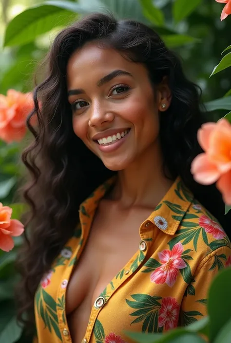  A Brazilian woman in a lush tropical garden,  wearing an open shirt with floral print ,  with a close up capturing the harmonious beauty between her breasts and natural flowers,  showing your natural charm and outgoing personality.