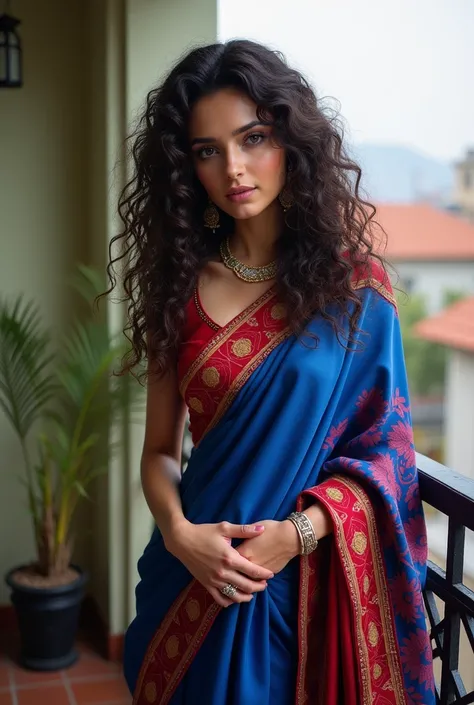 A  turkish actress, bubbly body, round face, thick curvy hair upto her back,Realistic Photo High Detail Natural Detail Ultra Realistic Face, full body,  blue and red saree, in her balcony