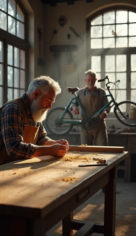 " A carpentry workshop illuminated by the soft light that enters through large dusty windows. in the foreground,  a man with gray hair And does a short beard work concentrated on a wooden table ,  using traditional tools and surrounded by sawdust .  He wea...