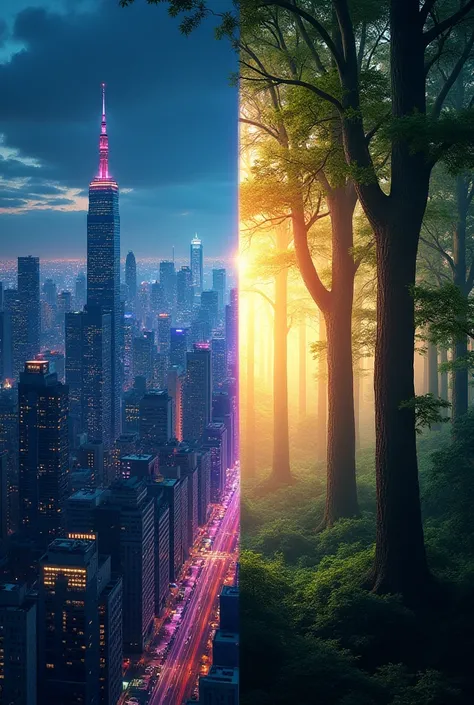 
> A split design with one half depicting a bustling, futuristic cityscape at night, filled with glowing neon lights and skyscrapers in shades of blue and purple. The other half shows a serene forest scene at sunrise, with soft golden light filtering throu...