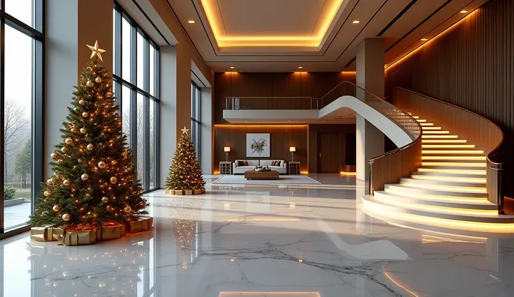  image shows an interior space with a large staircase on the right and a large decorated Christmas tree on the left.  The environment has a modern and luxurious style , with high ceilings, large windows that let in natural light and a reflective marble flo...