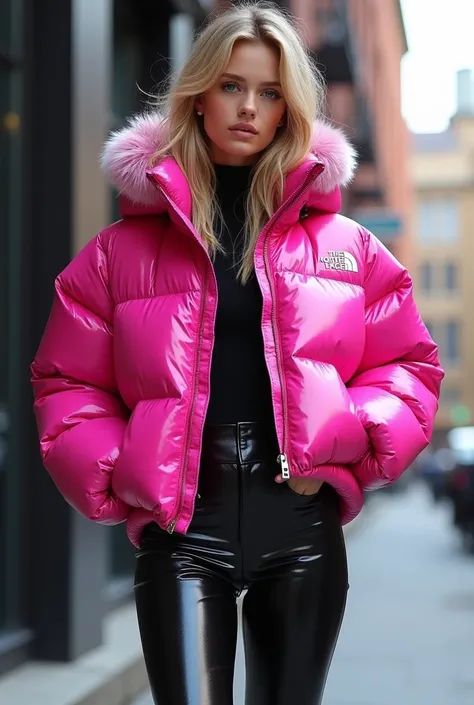 Nice blonde girl in black shiny pant and Pink short puffer shiny North face