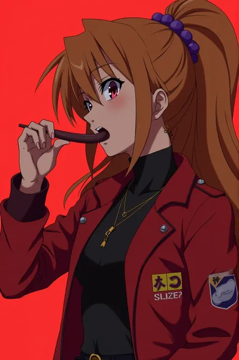 Asuka Langley wearing the misato jacket while sucking Kajis penis