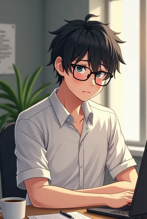 wearing glasses, matted hair,cute guy, wearing a white shirt, office, there is coffee on the desk,sleepy face, man looking straight ahead,There is a pile of papers on the desk,black hair, Sad face anime latinoamericano