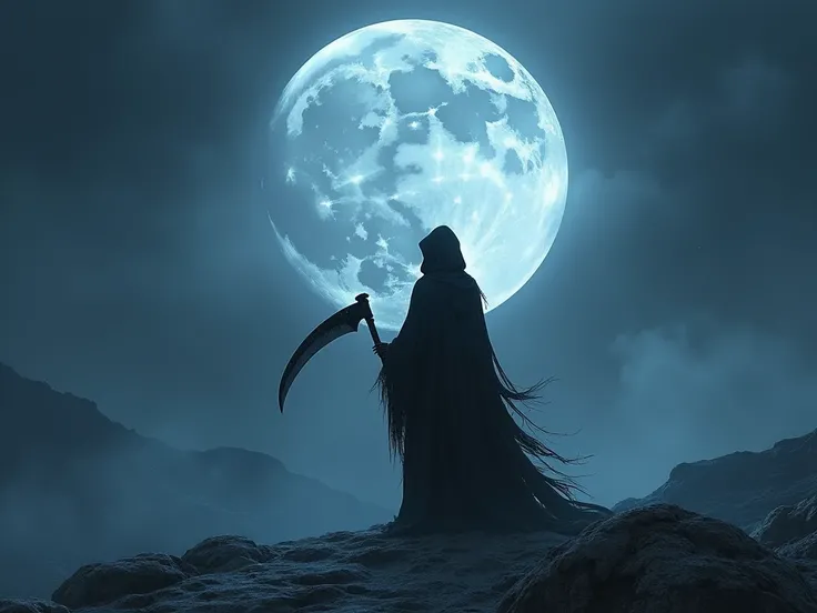 A dark and mysterious figure resembling the Grim Reaper stands with his back to the viewer, gazing at a giant, glowing full moon in the night sky. He is draped in a tattered, flowing black cloak that sways slightly in the cold breeze. His skeletal hands re...