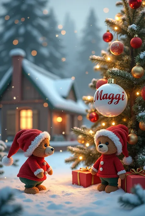 Christmas background with bears and sphere hanging from the Christmas tree with the name of the sphere that says maggi