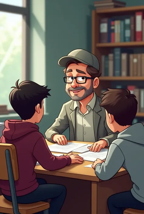 "A cartoon-style university professor’s office. Professor Pablo (a 60-year-old man with light skin, brown hair with signs of baldness on top, wearing a light gray jacket, black pants, and a cap) is sitting behind a desk covered with papers and books, smili...