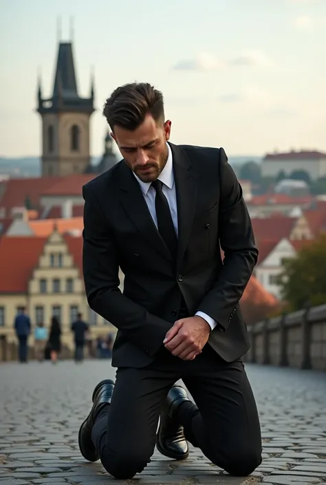 Prague in Czech，charming and sexy French man. black suit，black tie，black socks, black leather shoes. mans crotch testicles hurt a lot，Kneeling on the ground， holding their crotch testicles with two hands，grab the crotch testicles with both hands. 