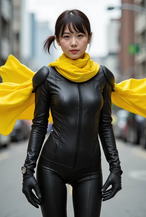  Japanese Girl、 black rider suit、 yellow scarf 