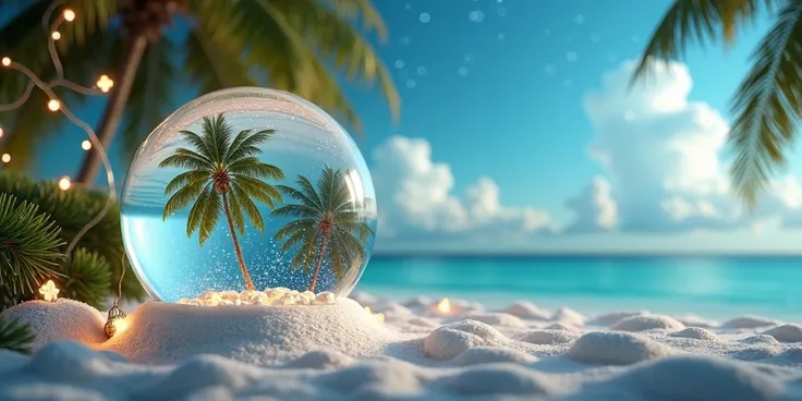 une image de Noël tropical avec des cocotiers dans une petite boule à neige située sur le côté gauche de limage. Rajouter des décorations de Noël étoilées et brillantes.
sans personnage. Rajouter un chapeau de Noël sur la boule.