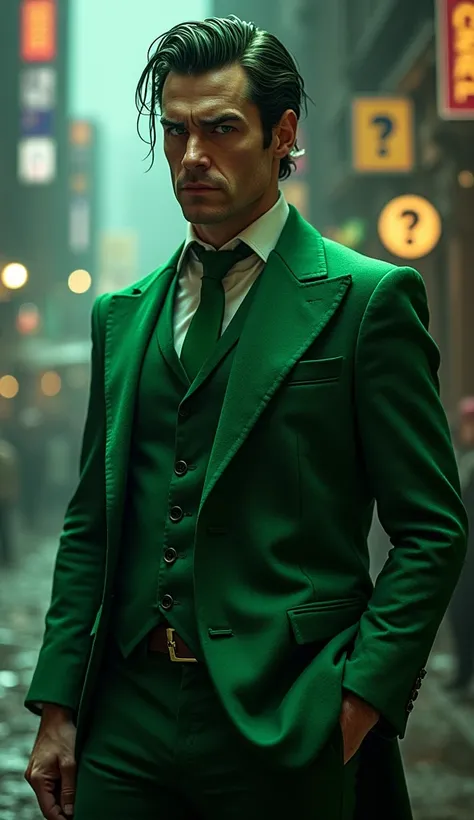 Riddler physicist  (Edward Nygma)

The Riddle,  also known as Edward Nygma ,  is a villain with an appearance that reflects his obsession with riddles and his eccentric behavior .  Your physical constitution may vary depending on the interpretation ,  but ...