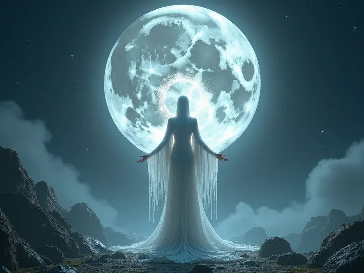 "A celestial figure stands tall with their back to the viewer, embodying the essence of the moon itself. Their form is ethereal and luminous, with flowing robes that shimmer like liquid silver, reflecting the soft glow of moonlight. The figure’s head is en...