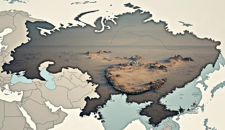 Map of Ukraine and Russia ,  with graphic depictions of the war and displacements of people.