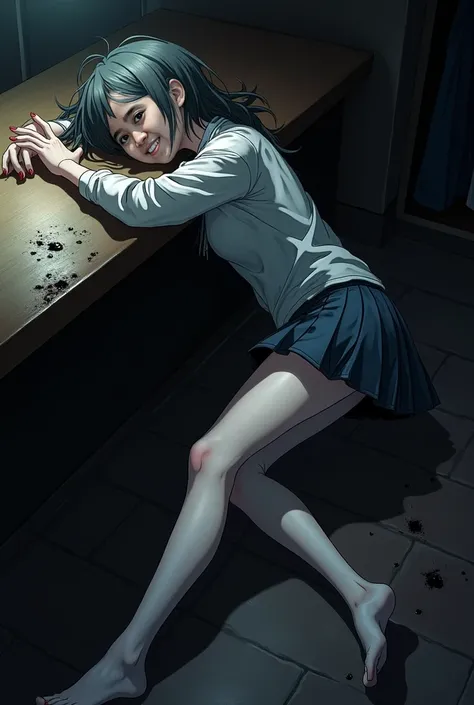 score_9, score_8_up, score_7_up, score_6_up, score_5_up, score_4_up, source_anime, solo focus, 1girl, eyes closed, blushing, vomit, passed out, (fall asleep), asleep leaning against the table, top-down bottom-up, legs spread, ((bar table)), closet, disheve...