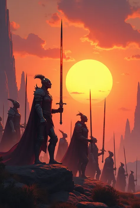 An army of sword warriors on an alien planet who look up at a sunset.